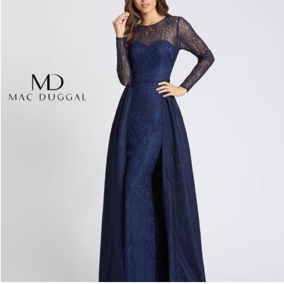 NEW Mac Duggal 12356D Navy Lace Long Sleeve Dress Gown w/ Overskirt Size 4 - Picture 1 of 6
